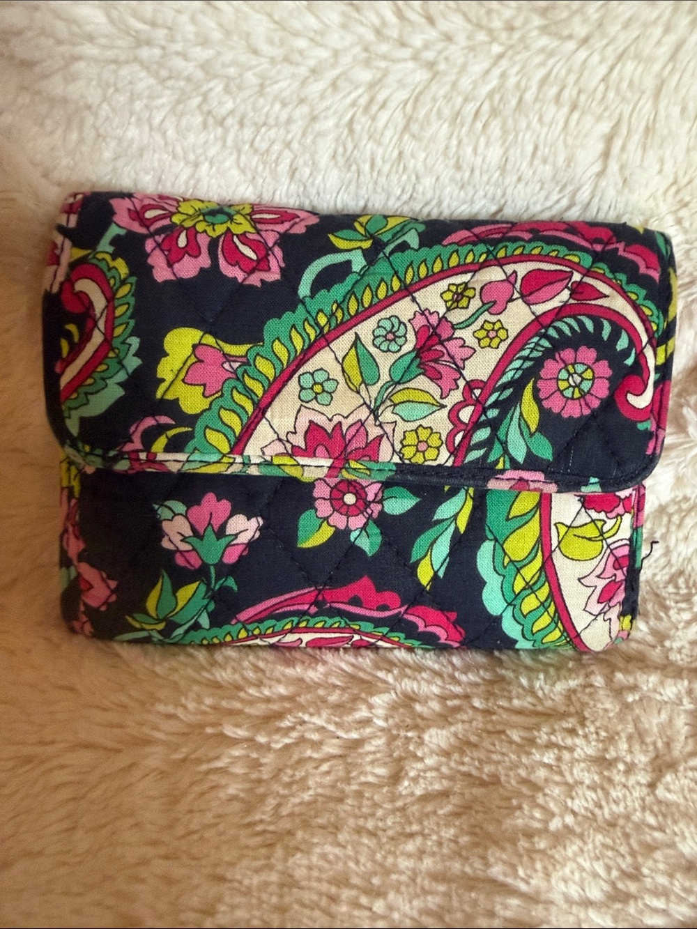 Vera Bradley Navy Quilted Paisley Wallet with Pink & Green Accents